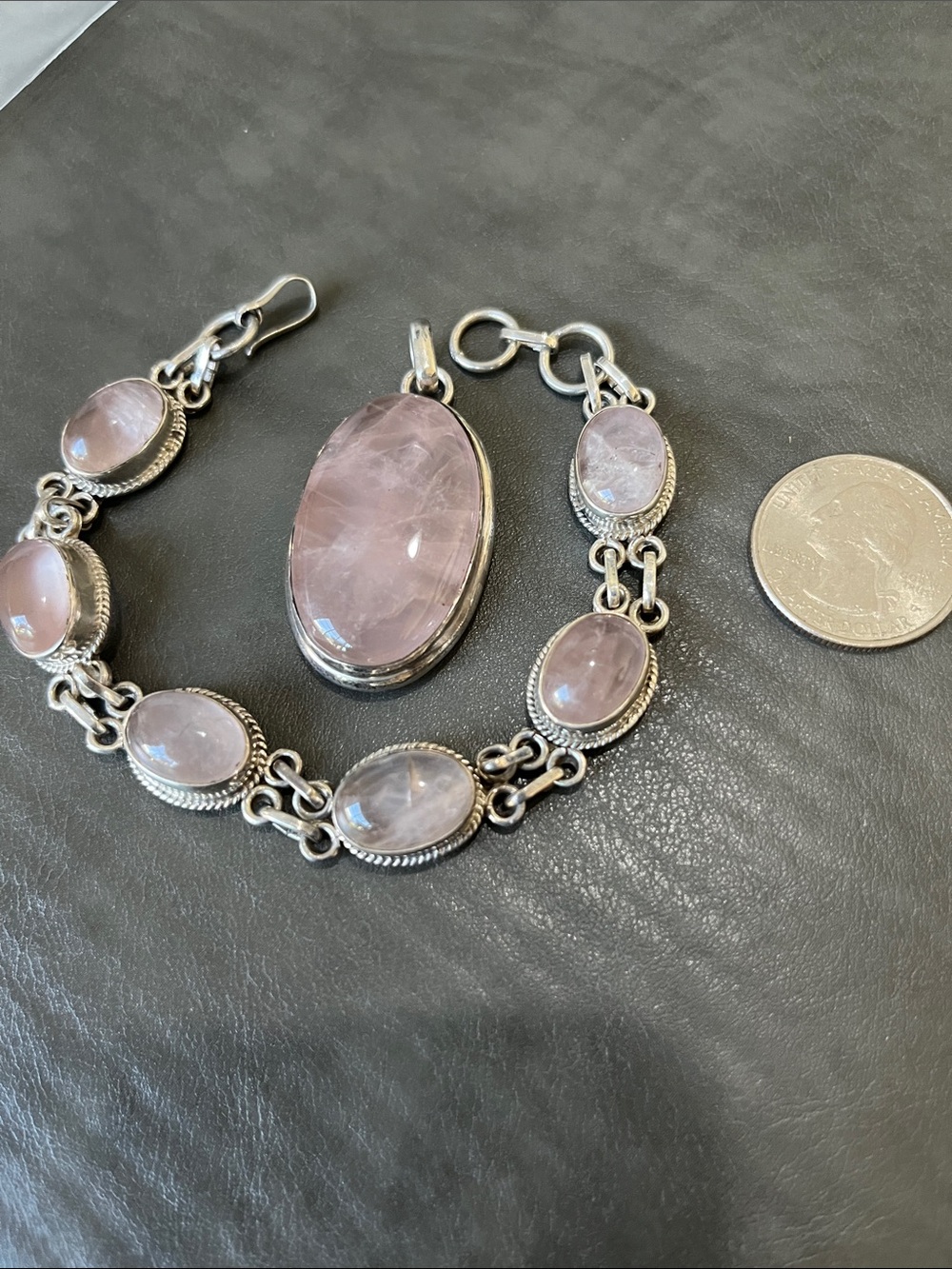Sterling Silver Rose Quartz Bracelet with Matching Pendant - Pink - Picture 3 of 5